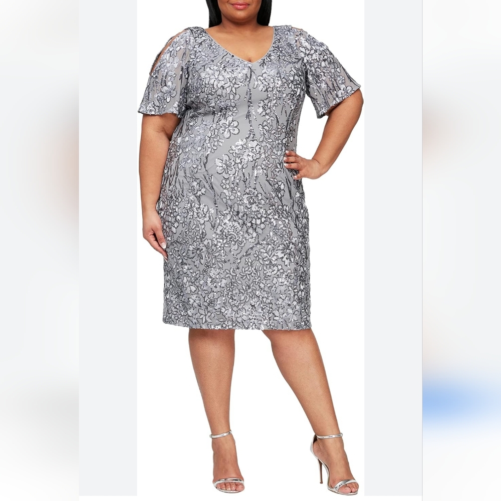 Alex Evenings Silver Floral Cold-Shoulder Midi Dress